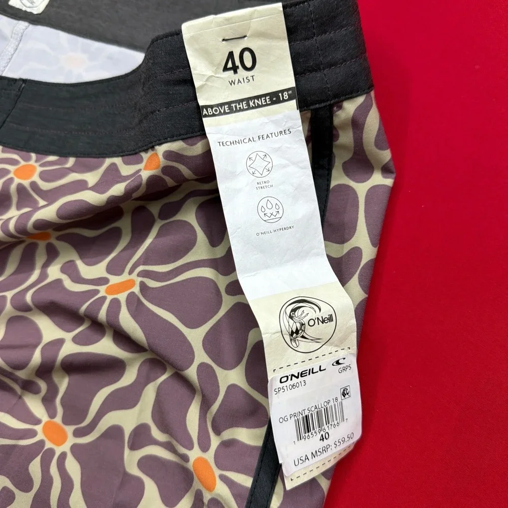 NWT SURF ONeill Mens OG Print Scallop Boardshorts Grape Floral Retro Stretch 40
